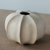 Weiße Vase mit Samenkapseln aus Mangoholz